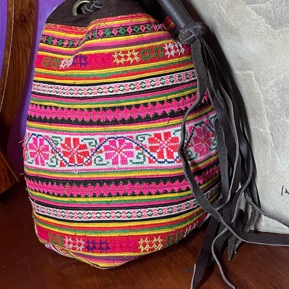 Anthropologie Jadetribe Bucket Festival bag NWT Eliz Vegan Boho Handmade Rare OM - Picture 7 of 15